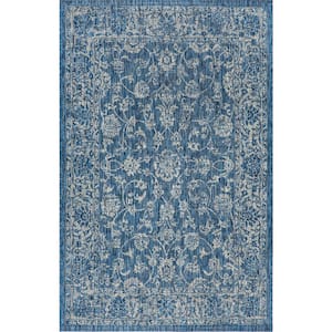 Tela Bohemian Textured Weave Floral Navy/Gray 9 ft. x 12 ft. Indoor/Outdoor Area Rug