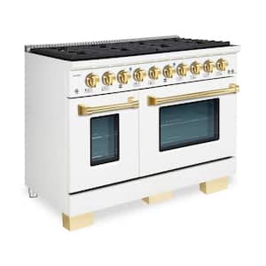 BOLD 48 in. TTL 6.7 Cu. ft. 8 Burner Freestanding Dual Fuel Range Gas Stove and Electric Oven, White with Brass Trim