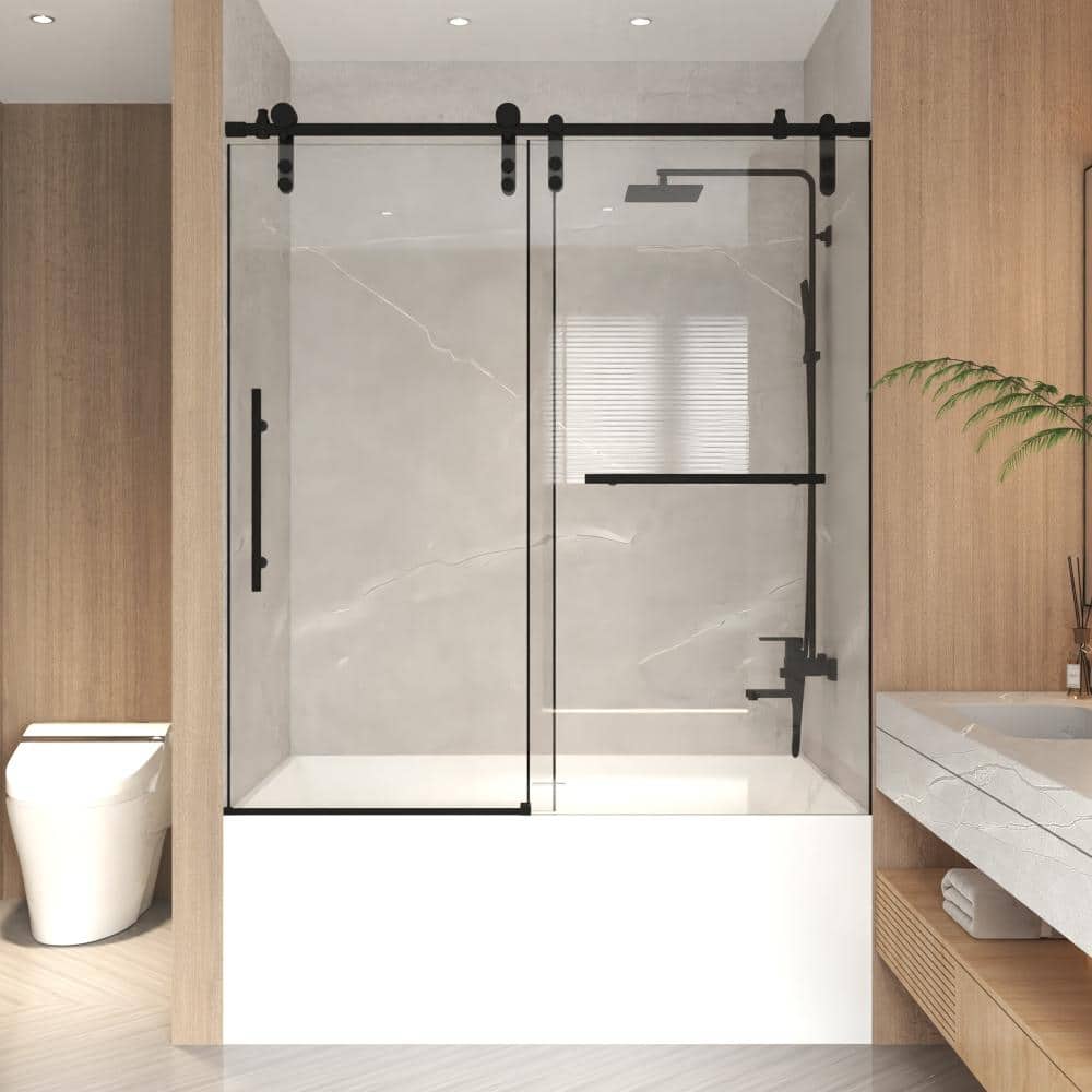 56-60 in. W x 66 in. H Black Frameless Sliding Tub Shower Door, 8mm SGCC Tempered Glass, Stainless Steel, Reversible price history on PriceWatchPro