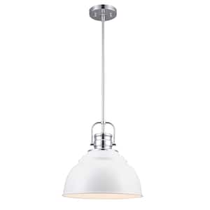 Shelston 13 in. 1-Light White and Chrome Farmhouse Pendant Light Fixture with Metal Shade