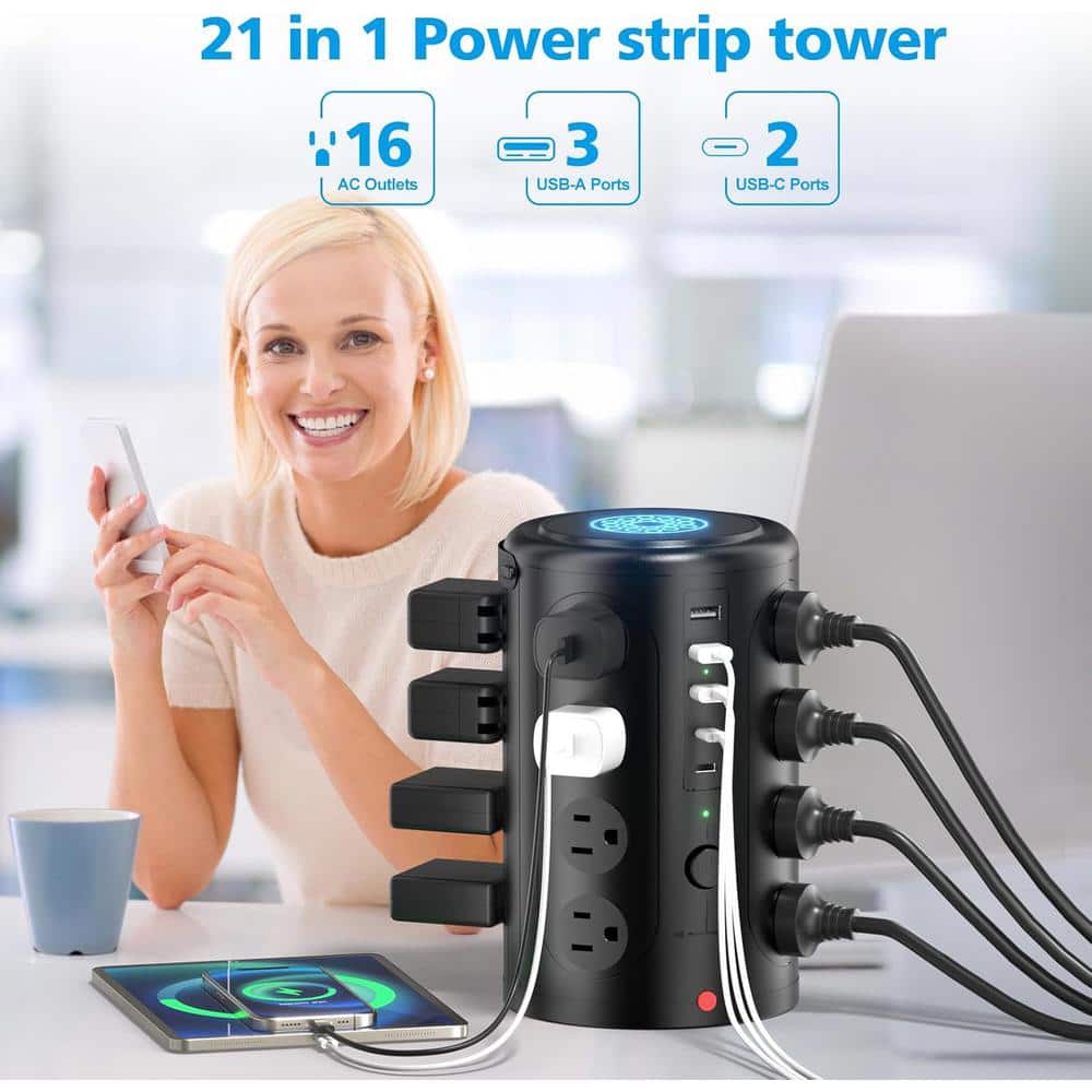 Black Heavy Duty Tower Power Strip with 16 Outlets and 5 USB Ports