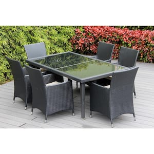 Black 7-Piece Wicker Patio Dining Set with Supercrylic Beige Cushions