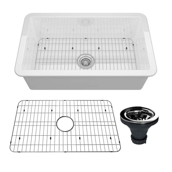 Boyel Living 32 in. Undermount Single Bowl White Fine Fireclay Kitchen Sink with Bottom Grid and Strainer Basket
