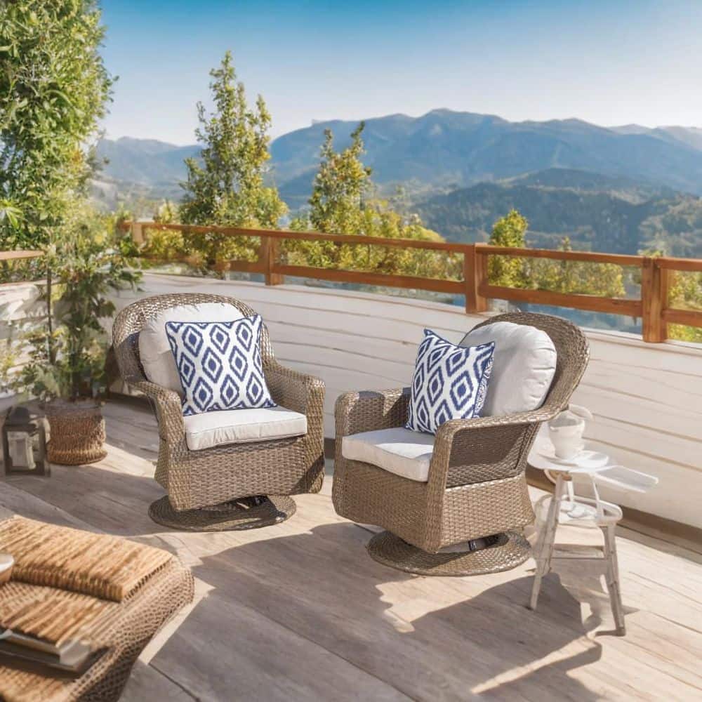 Linsten Brown Wicker Swivel Club Chairs with Gray Cushions, Set of 2