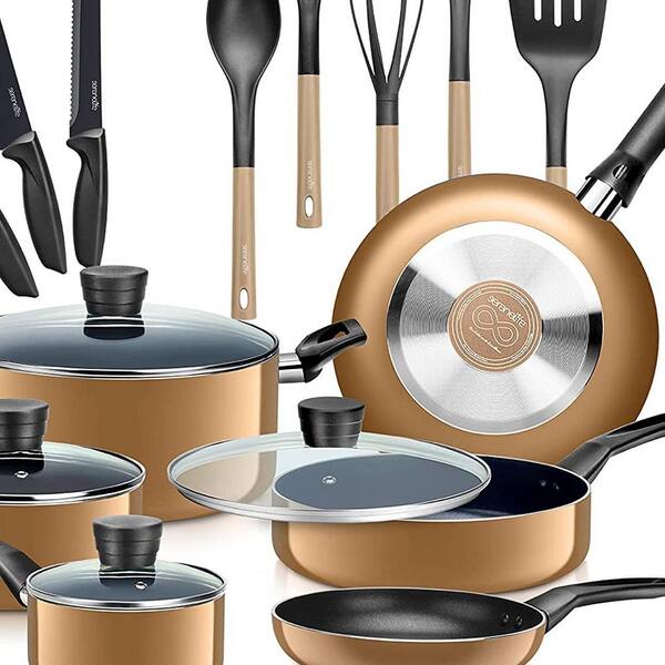 SereneLife 15 Piece Aluminum Nonstick Cookware Set in Gold SLCW15GLD - The  Home Depot