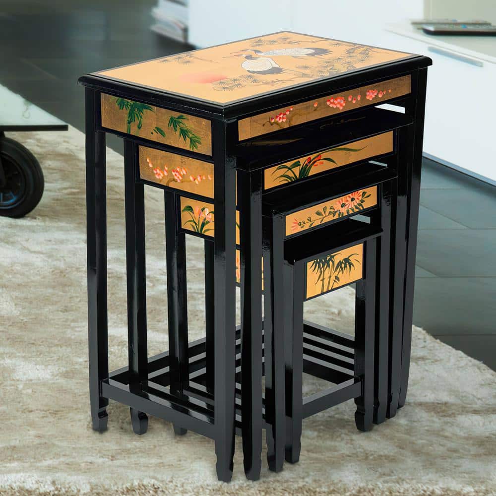Gold Lacquer Cranes Design Nesting Tables Set