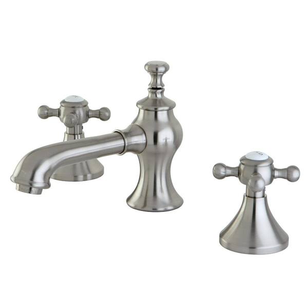 Kingston Brass English Cross 8 in. Widespread 2-Handle Mid-Arc Bathroom Faucet in Brushed Nickel