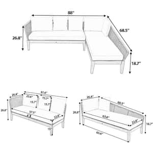 Modern 5-Person Wood Outdoor Seating Group Rope Waved Patio Sofa Sectional Set with Gray Cushions