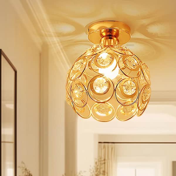 8 in. 1-Light Gold Metal Crystal Shade Flush Mount for Living Room with LED 1-Pack