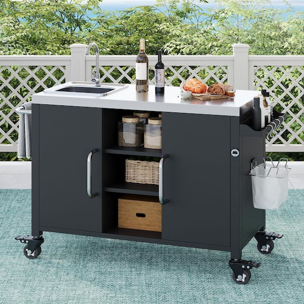 Unbranded 55 in. Outdoor Kitchen Island with Sink, Metal Grill Cart Table with Sink Station with Wheels for Pizza Prep & BBQ