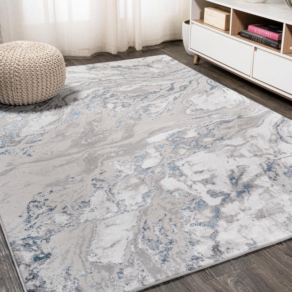 Gray and Blue Abstract Marbled 8' x 10' Synthetic Area Rug