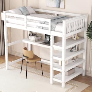 Modern White Wood Frame Twin Size Loft Bed with Under-Bed Desk, Storage Shelves and Built-in Ladder