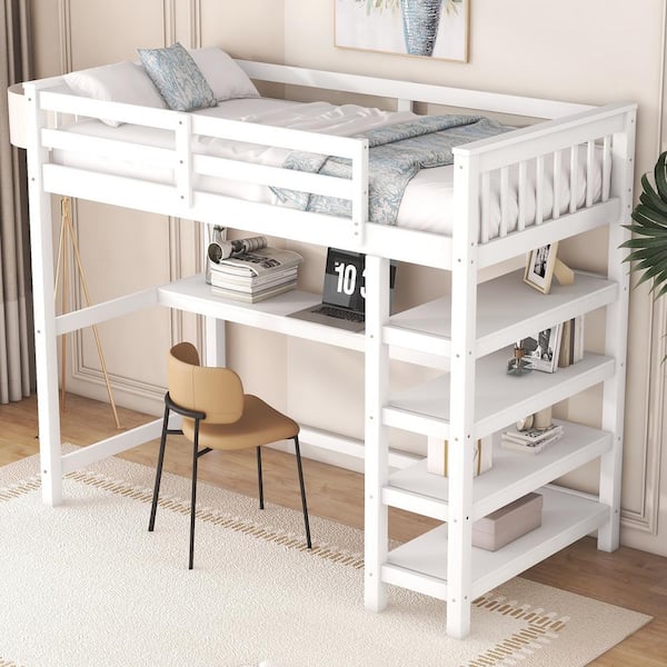 Harper & Bright Designs Modern White Wood Frame Twin Size Loft Bed with ...