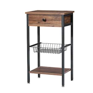 Brown Night Stand, Modern End Side Table with Storage Basket and Drawer 15.7 in. L x 11.8 in. W x 27.6 in. H