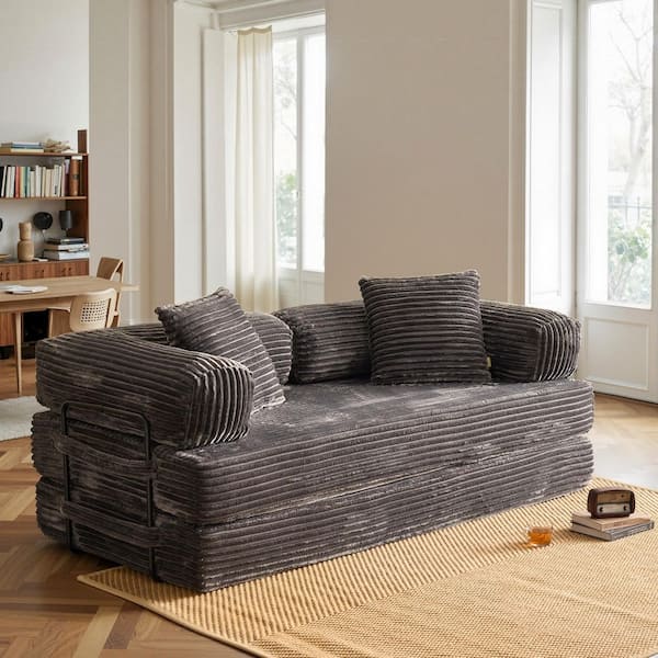 Mega 80 in. Gray Plush Corduroy King Size Convertible Sleeper Loveseat Lounge Modular Folding Sofa Bed with Pillow
