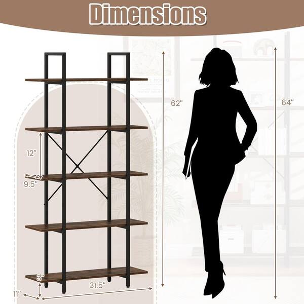 Bunpeony 5-Tier 62 Inch Tall Vintage Industrial Bookcase with Open