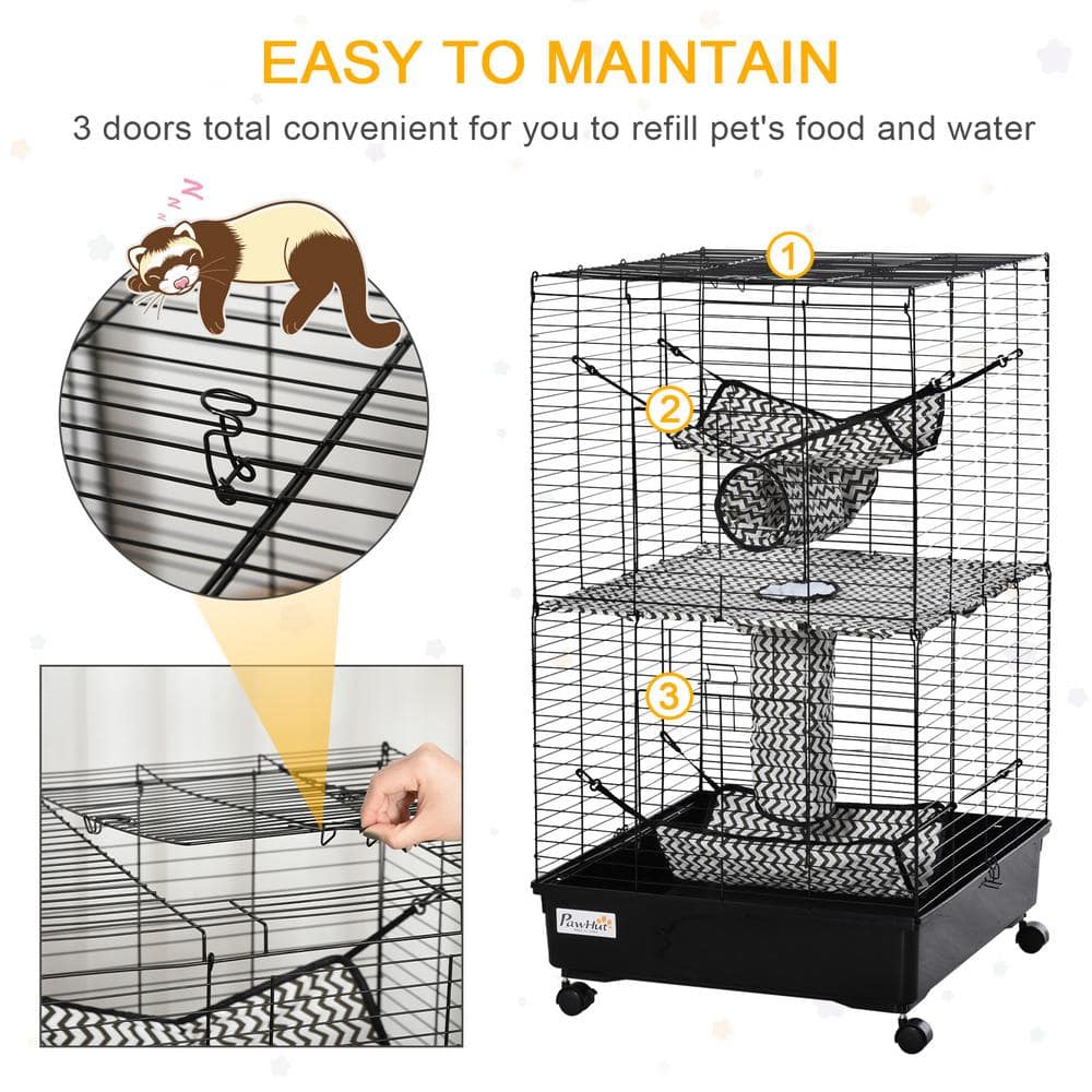 PawHut 42" Black Metal Ferret Cage with Hammocks and Tunnels