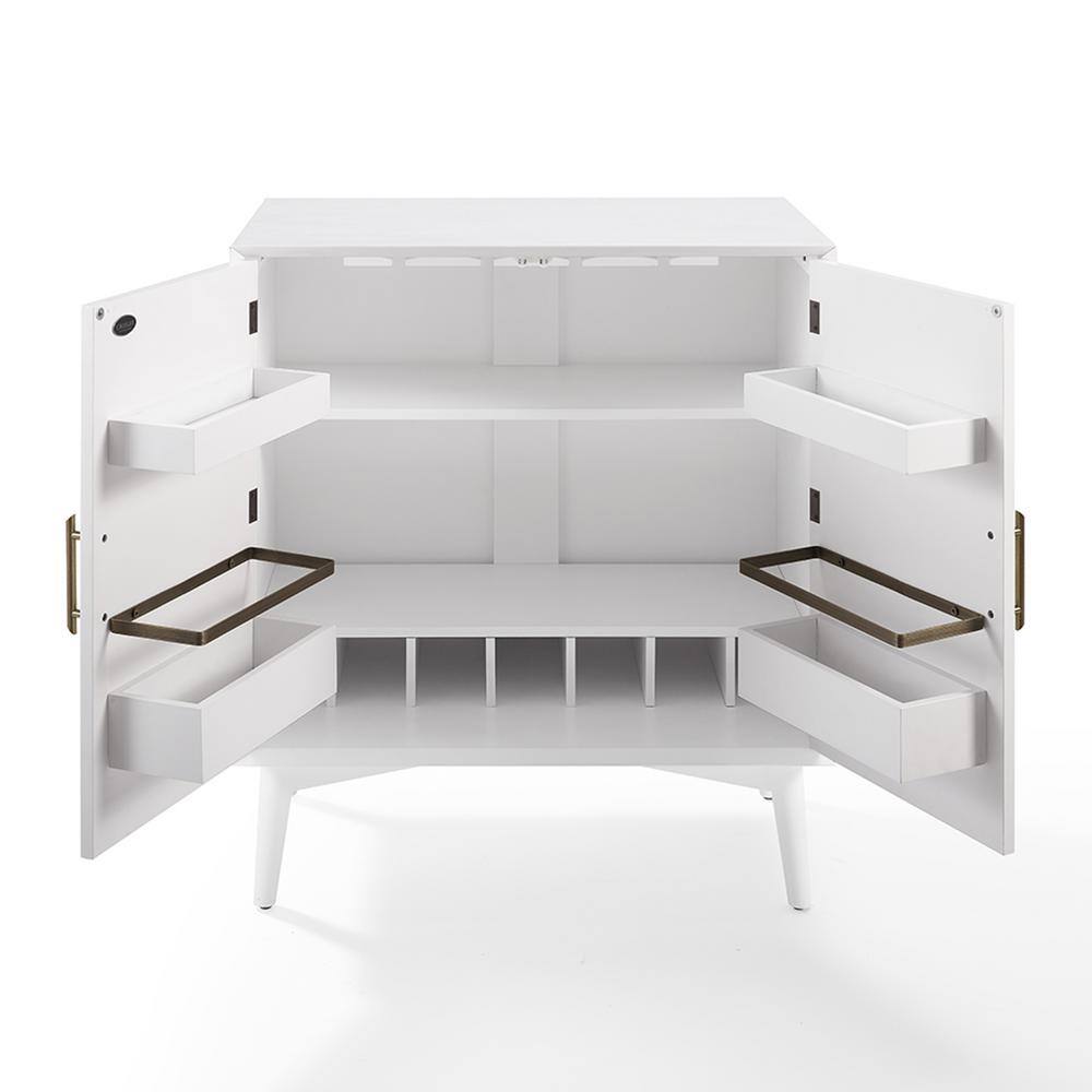 Landon Mid-Century White Bar Cabinet with Antique Brass Handles