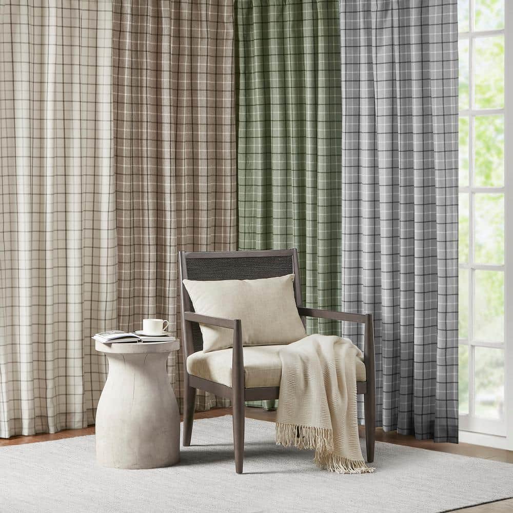 Green Plaid Polyester Tab Top Light-Filtering Drapes