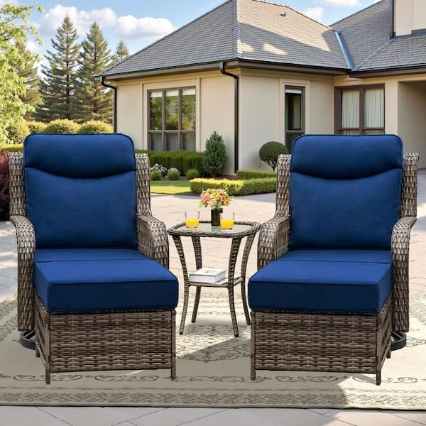 5 Piece Wicker Outdoor Bistro Set with 5 in. Thick Blue Cushions, Outdoor Swivel Chairs with Ottomans for Porch