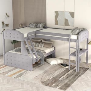 L-Shaped Gray Twin over Full Upholstered Bunk Bed and Twin Size Loft Bed with Desk