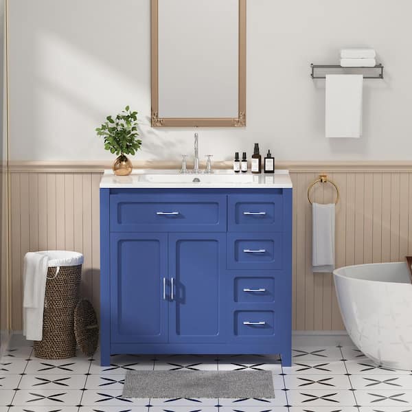 36 in. Single Sink Freestanding Blue Bath Vanity with White Ceramic Top Unassembled