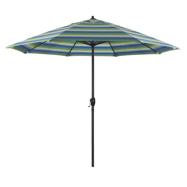 California Umbrella 9 ft. Black Aluminum Market Patio Umbrella Auto Tilt in Seville Seaside Sunbrella