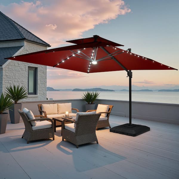 Crestlive Products 11 ft. x 11 ft. Cantilever Patio Umbrella w/ Solar Lights and 350 lbs. Wheeled Base Double Top Outdoor Umbrella in Red CL-UWB8733RED - The Home Depot Crestlive Products 11 ft. x 11 ft. Cantilever Patio Umbrella w/ Solar Lights and 350 lbs. Wheeled Base Double Top Outdoor Umbrella in Red CL-UWB8733RED - The Home Depot