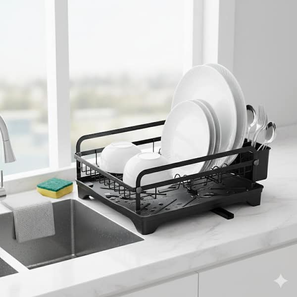 Black Large Rustproof Dish Rack with Drainboard Drainage Spout Utensil Holder for Kitchen Counter Sink