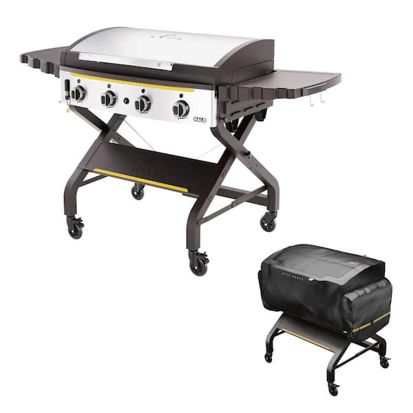 Elite4B 4-Burner 8 Zone Propane 36 in. Griddle Flat Top Grill in Black with Cover