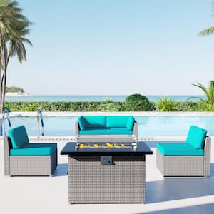 5-Piece Wicker Outdoor Patio Sectional Conversation Set with Turquoise Cushions and Fire Pit Table