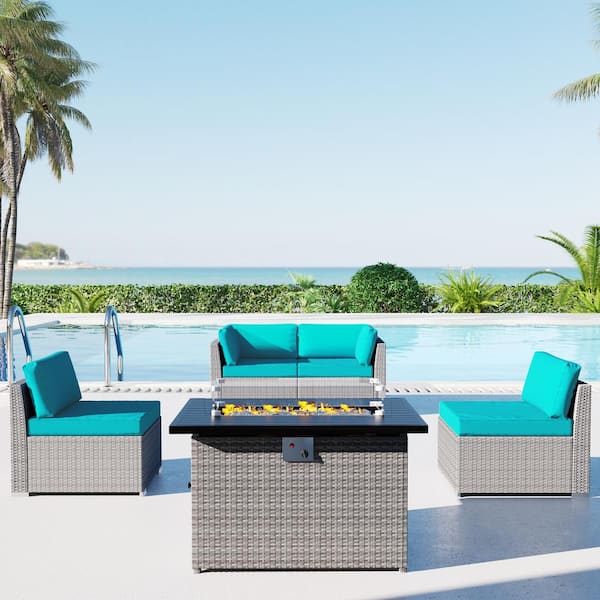 Gardenbee 5-Piece Wicker Outdoor Patio Sectional Conversation Set with Turquoise Cushions and Fire Pit Table