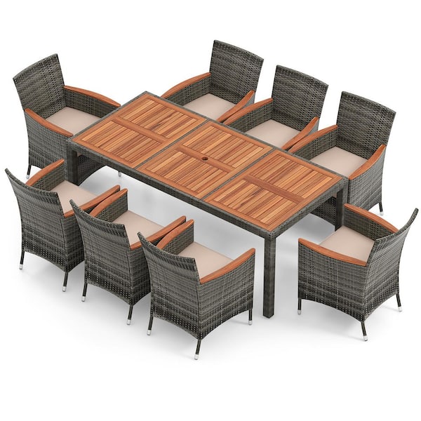 9-Piece Wicker Outdoor Dining Set with Cushion Beige Patio Acacia Wood and Rattan Furniture Set