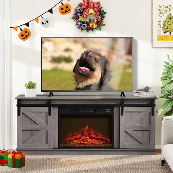 58 in. TV Stand with 23.1 in. Electric Fireplace Insert, Remote Control and Grey Sliding Barn Doors