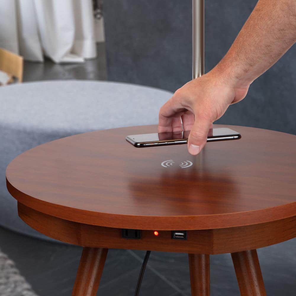 Owen Adjustable Tripod Floor Lamp with Built-In Table and USB Ports, Natural Wood & White