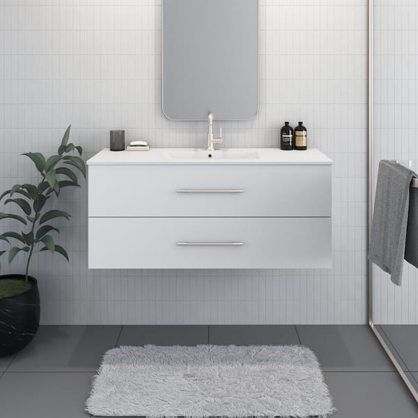 VOLPA USA AMERICAN CRAFTED VANITIES Napa 48 in. W. x 18 in. D Single Sink Bathroom Vanity Wall Mounted in White with Ceramic Integrated Countertop