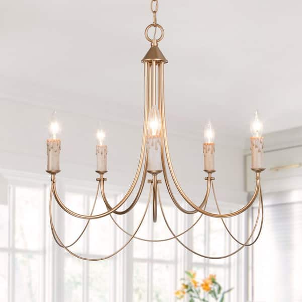 Modern Satin Gold French Country Farmhouse 5-Light Chandelier Vintage Candlestick High Ceiling Light
