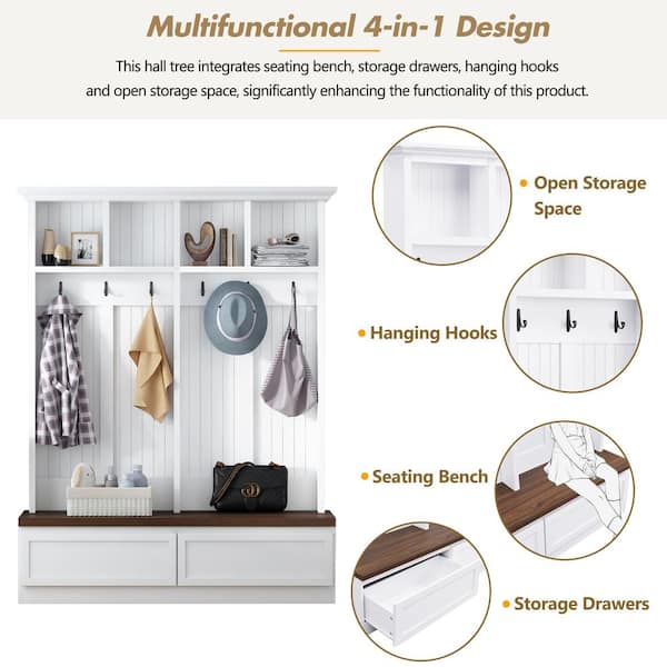 Harper & Bright Designs White 4-in-1 Hall Tree with Wood Grain
