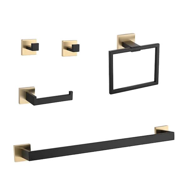 5-Piece Bathroom Hardware Accessories Set in Gold Plus Matte Black