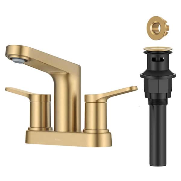 Indy 2-Handle 4 in. Center Set Bathroom Faucet in Spot-Free Brushed Brass with Pop Up Drain and Supply Lines