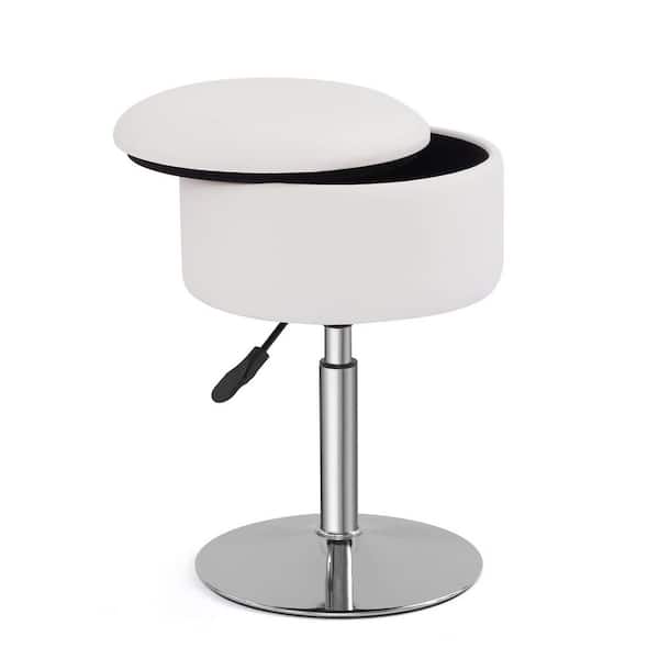 White Metal 23.2 in. Tall Makeup Vanity Stool, Adjustable Ottoman Stool with Storage Swivel, Faux Leather Seat