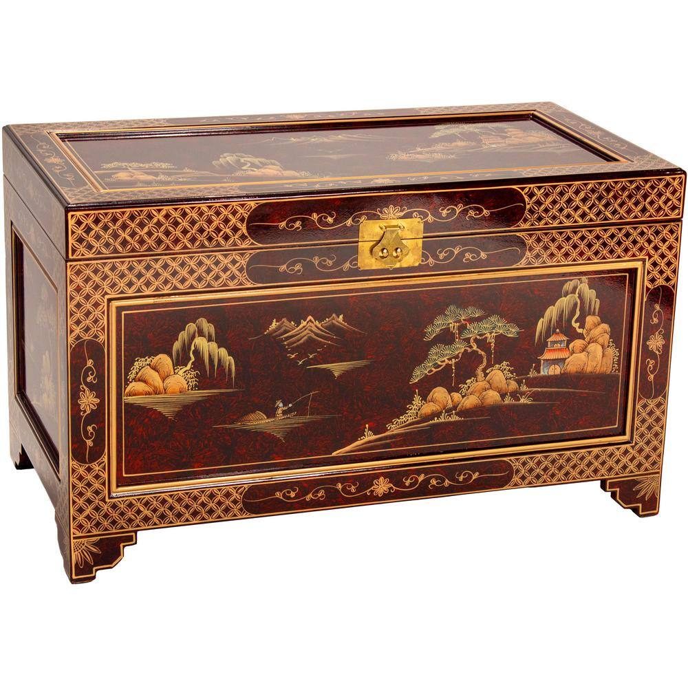 Oriental Furniture Red Lacquer Landscape Trunk