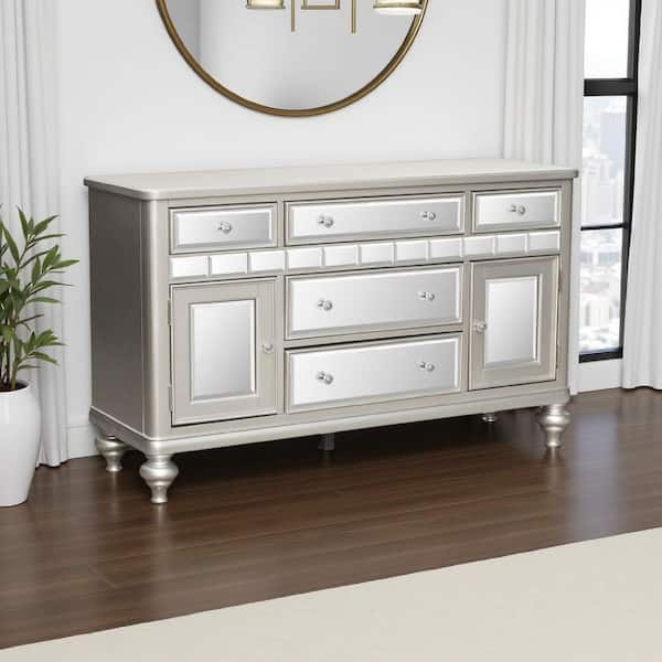 Jomo Silver Wood Sideboard Buffet Console with Mirror Front and 5 Drawers
