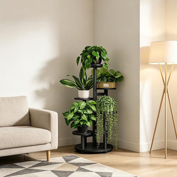 5-Tier Black Plant Stand, Tall Wood Corner Shelf for Multiple