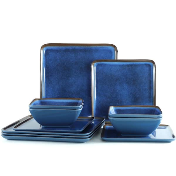 12-Piece Contemporary Navy Blue Melamine Square Dinnerware Set Service for 4 Set for Home Kitchen