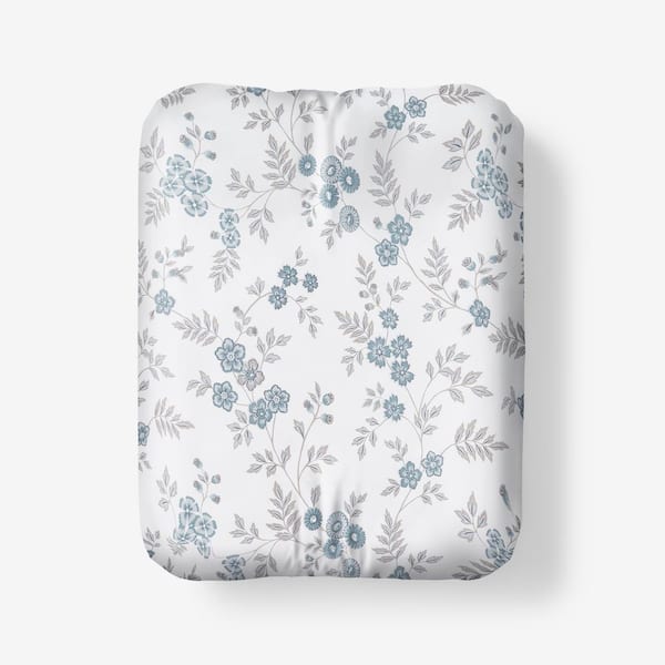 The Company Store Legends Hotel Blue/Ivory Kate Floral Sateen King Fitted Sheet