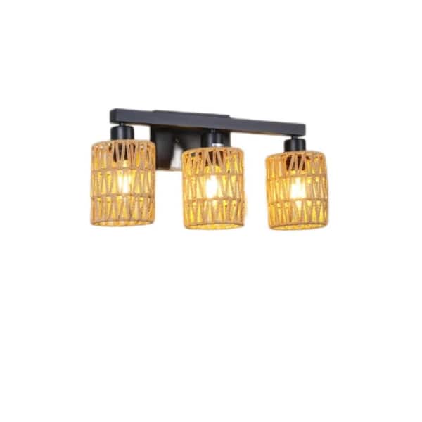 INNOBULE 20.47 in. 3 Light Gold Dimmable Rattan Vanity Light