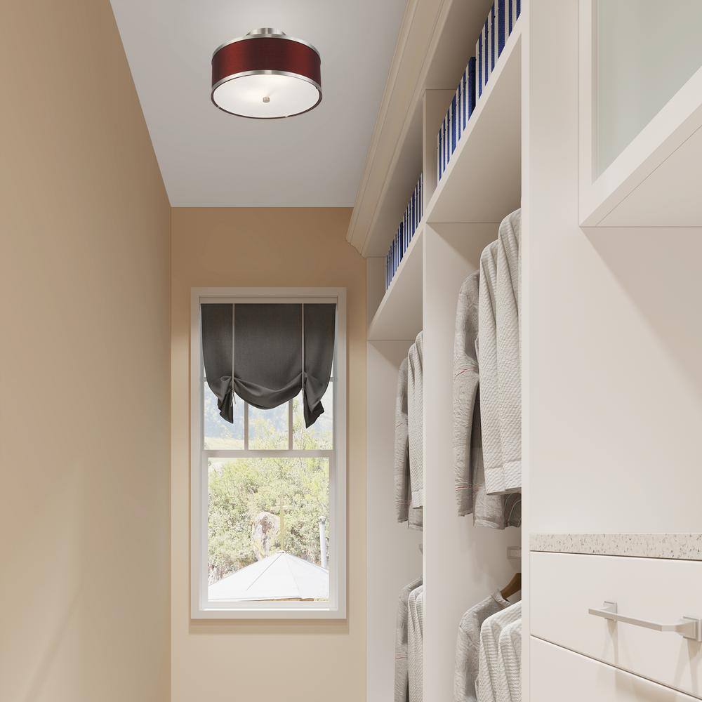 Brushed Nickel 2-Light Semi-Flush Mount with Red Wine Fabric Shade
