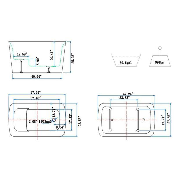 47 in. Acrylic Flatbottom Not Whirlpool Freestanding Japanese Soaking Bathtub with Pedestal Soking SPA Tub in Gray