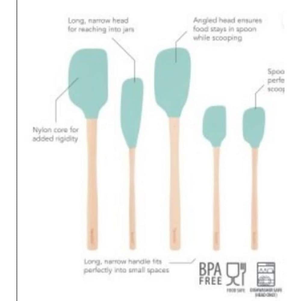 Light Aqua Silicone and Wood Handle Spatula Set of 5